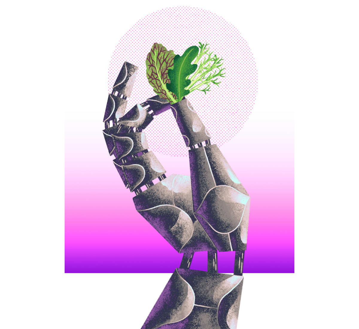 Illustration: a robot hand holding three leaves of baby greens