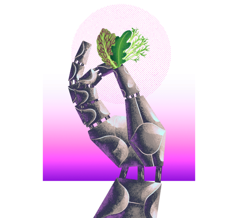 Illustration: a robot hand holding three leaves of baby greens