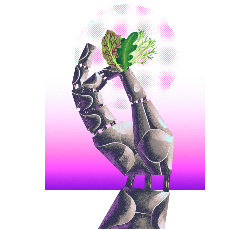 Illustration: a robot hand holding three leaves of baby greens