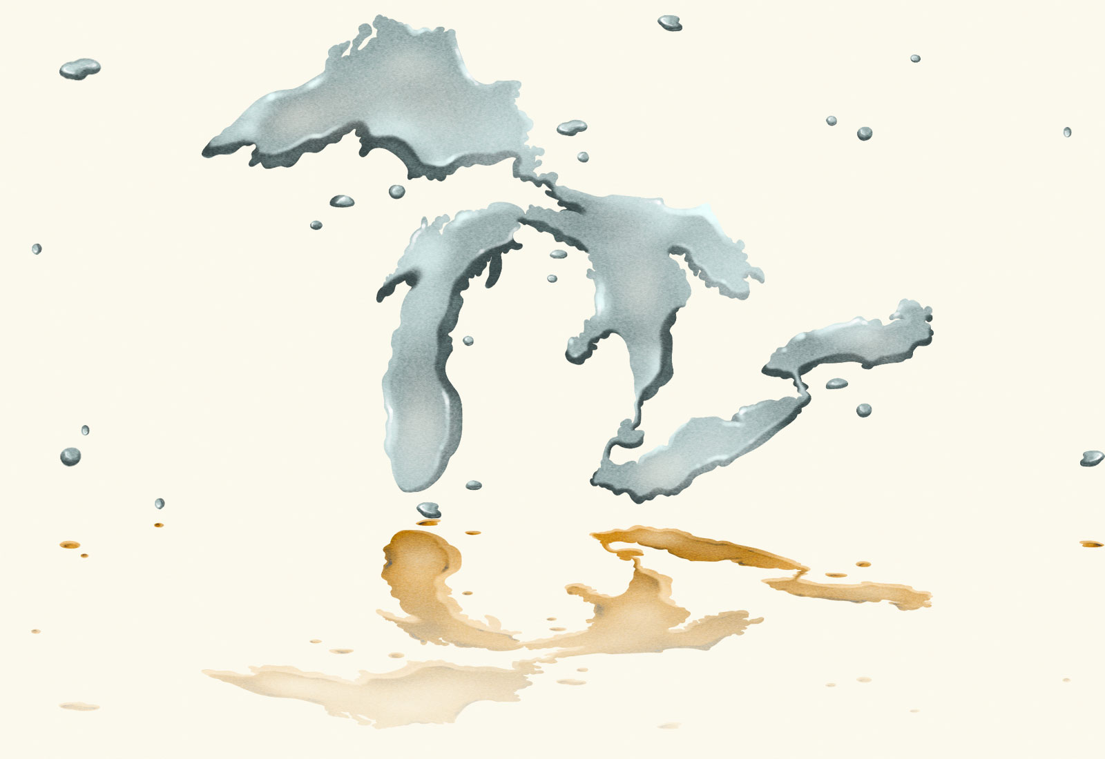 Illustration: Silhouette of the Great Lakes as a puddle with water droplets