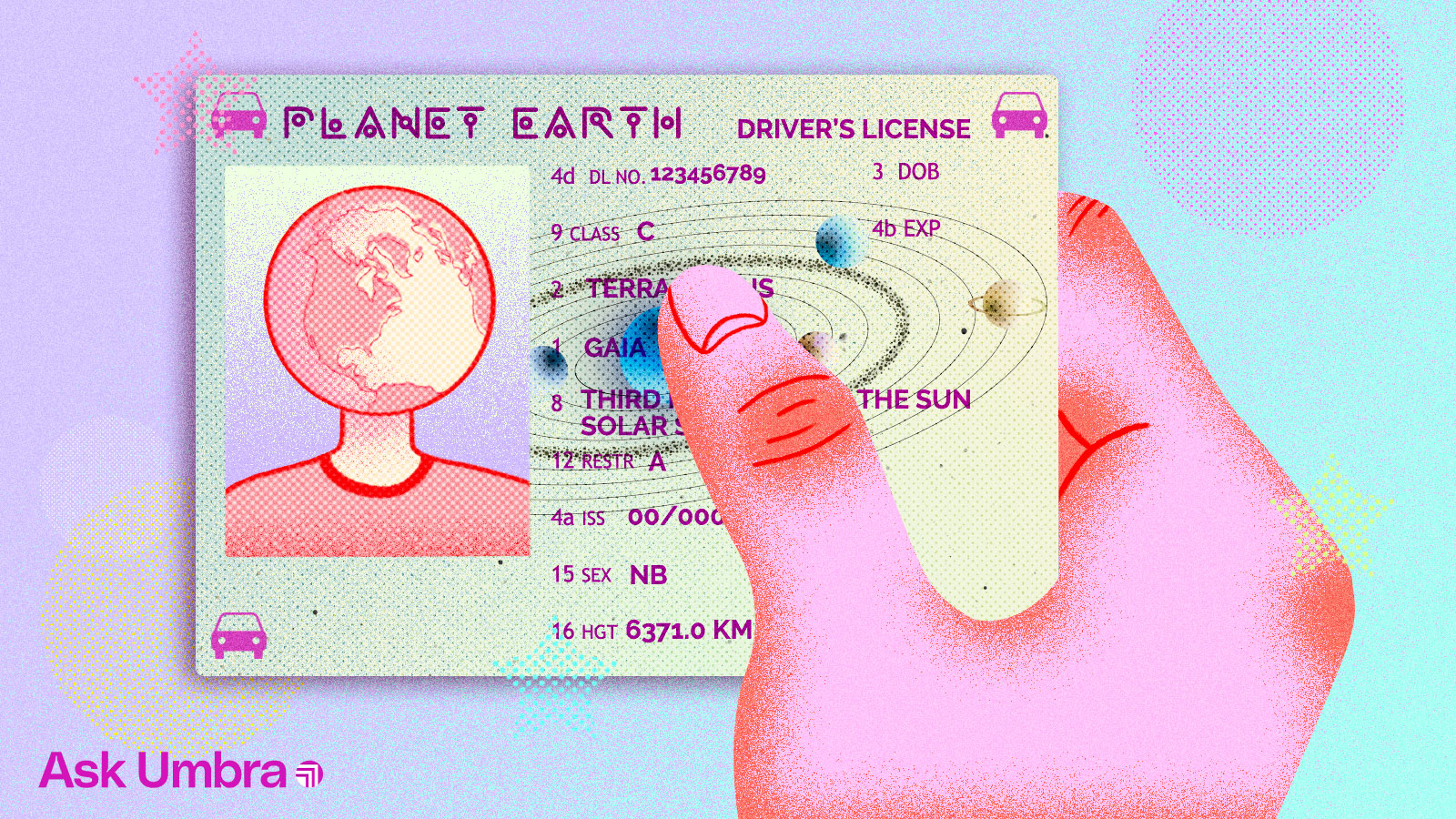 Illustration: a hand holding a drivers license belonging to planet Earth