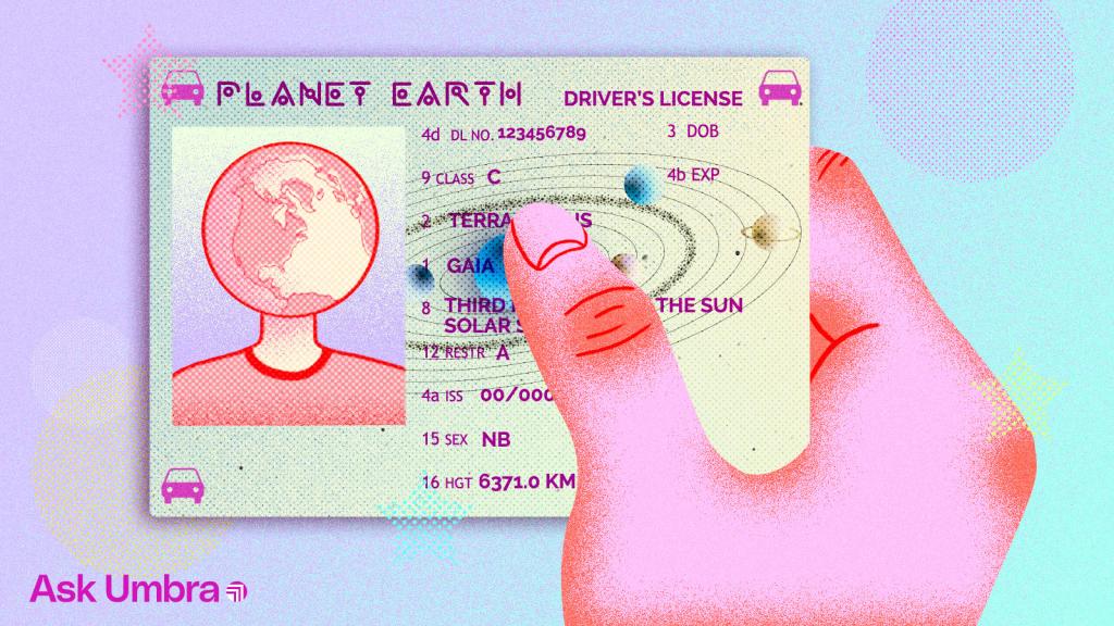 Illustration: a hand holding a drivers license belonging to planet Earth