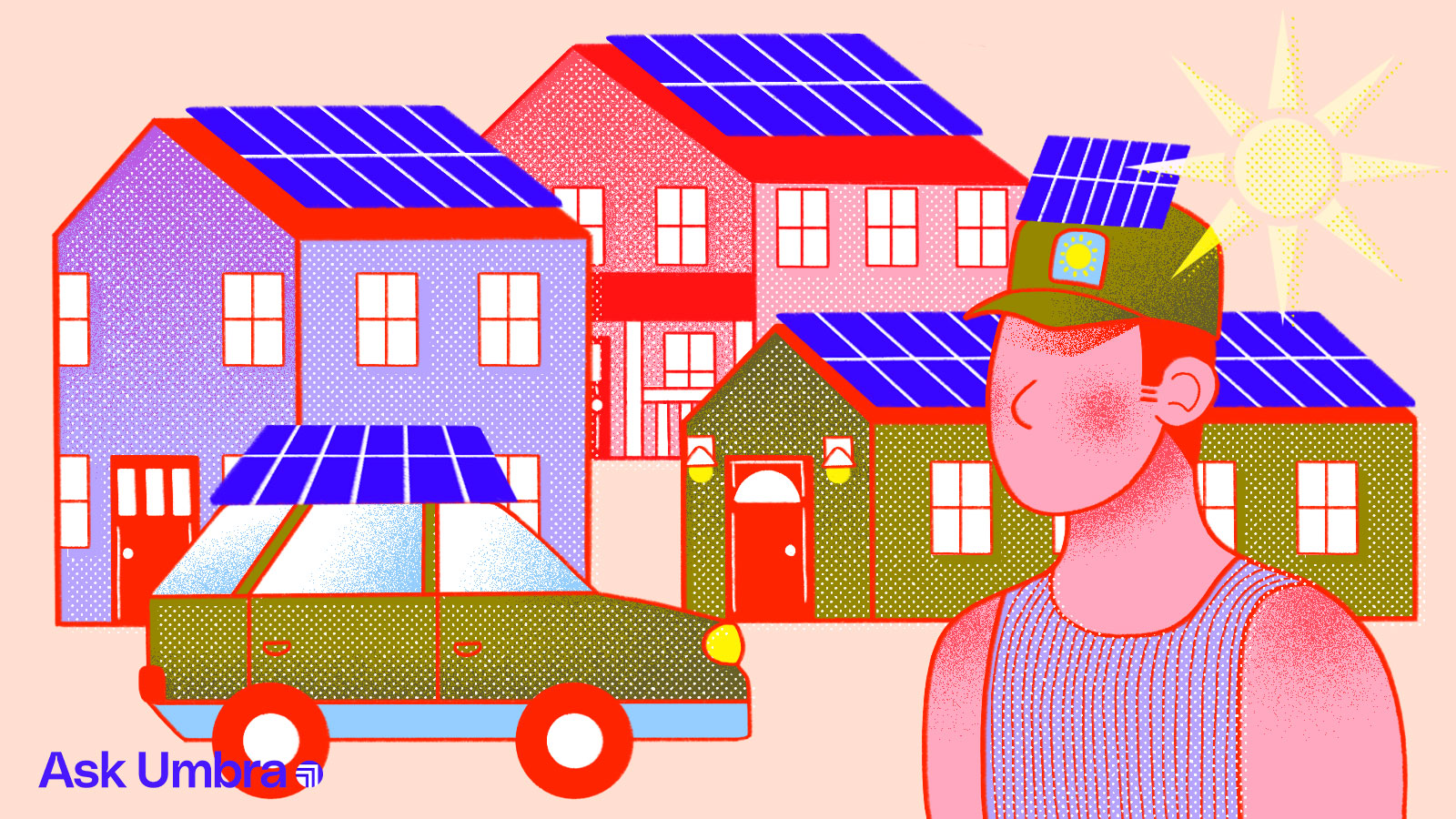 Illustration: Solar panels on top of houses, a car, and a person's hat