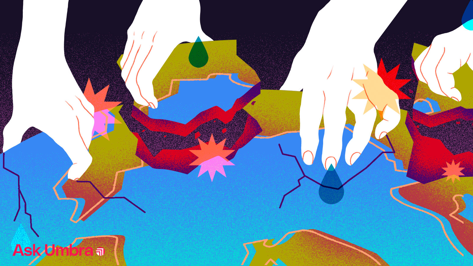Illustration: White hands grabbing chunks out of planet Earth