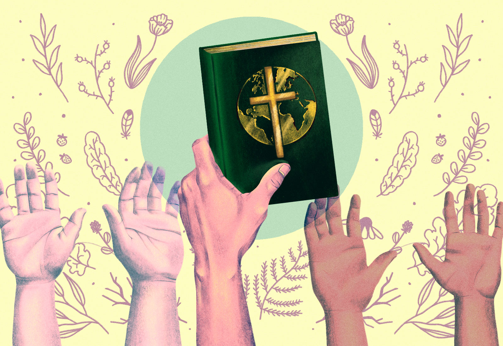 Illustration: Raised hands and a hand holding a bible with the Earth on it