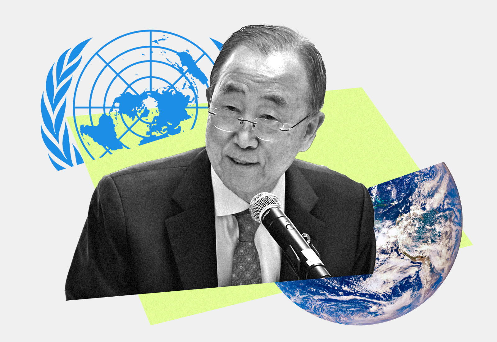 Collage: Ban Ki-Moon with the United Nations logo and planet Earth behind him