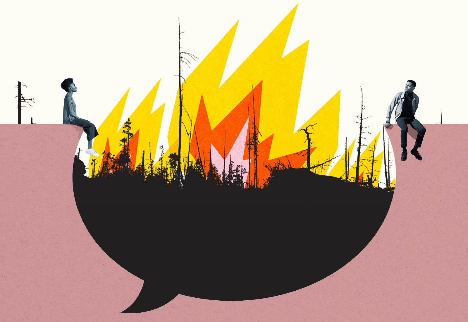 Collage: A woman and man sitting on top of a speech bubble shape with a wildfire in the background