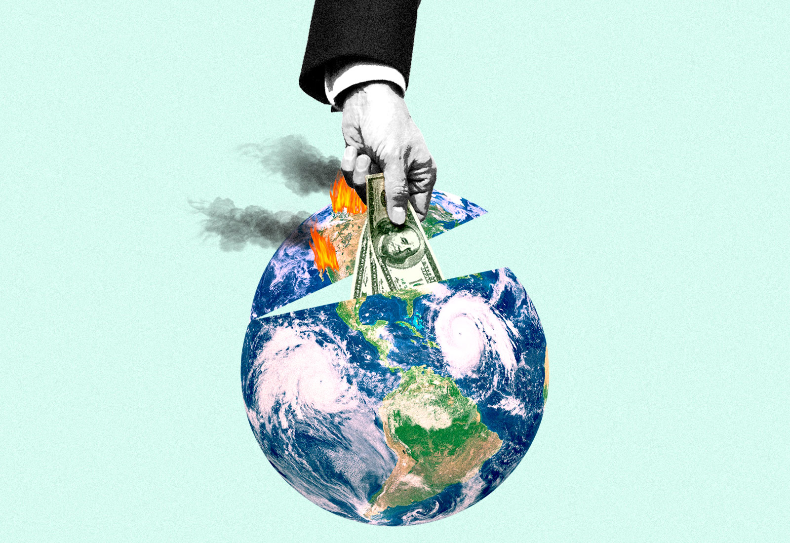 Collage: a hand putting hundred dollar bills into a hurricane and wildfire covered planet Earth.