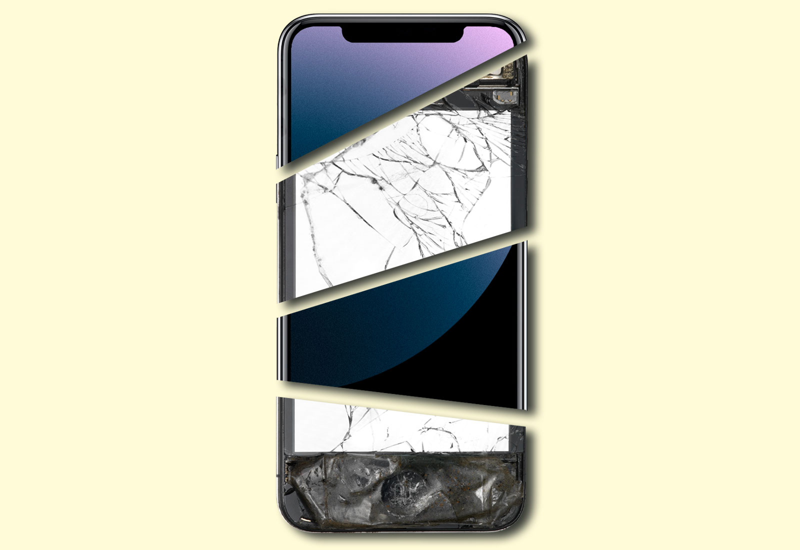 Collage: Pieces of a broken smartphone put together with pieces of a new smartphone