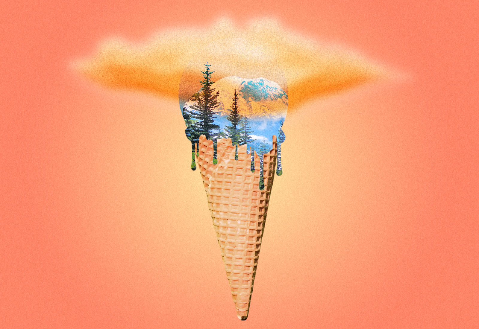 Collage: A mountain and trees as a scoop of melting ice cream with a hovering cloud on top