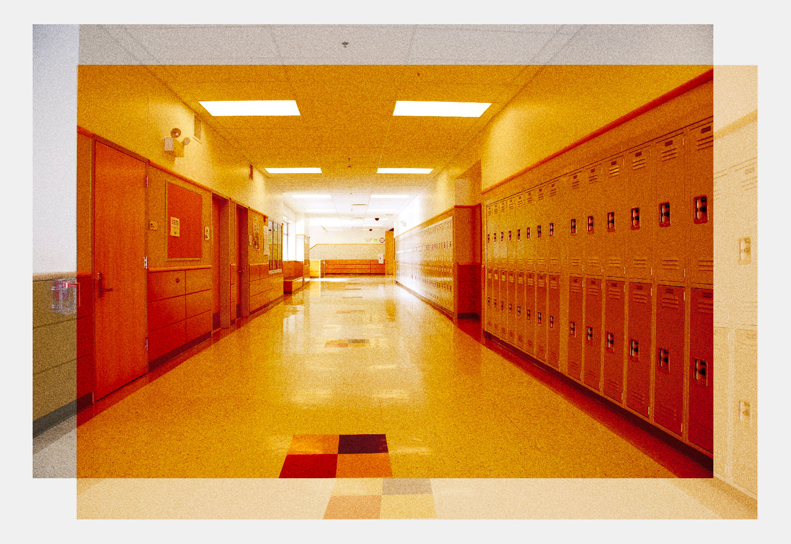 An empty school hallway with an orange color overlay