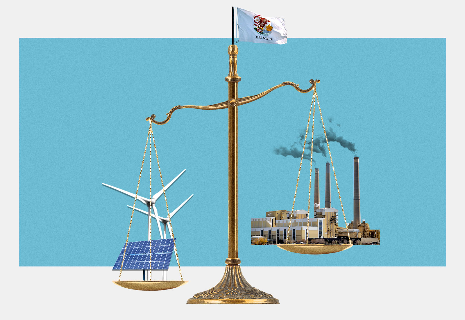 Collage: Scales with the Illinois flag holding wind turbines and a solar panel on one side and a coal plant on the other
