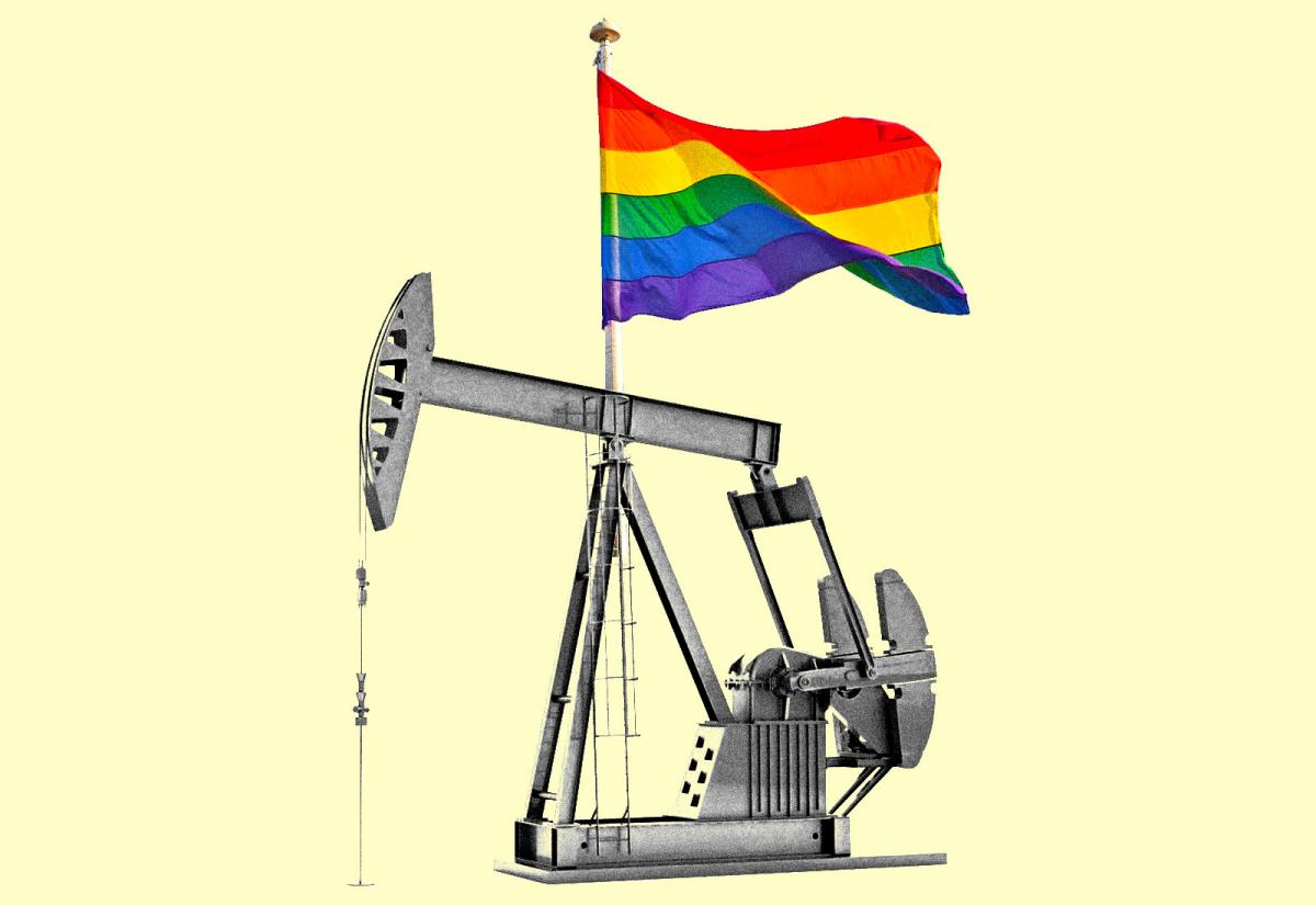 Collage: an oil pumpjack with a rainbow flag mounted on top of it symbolizing "rainbow-washing"