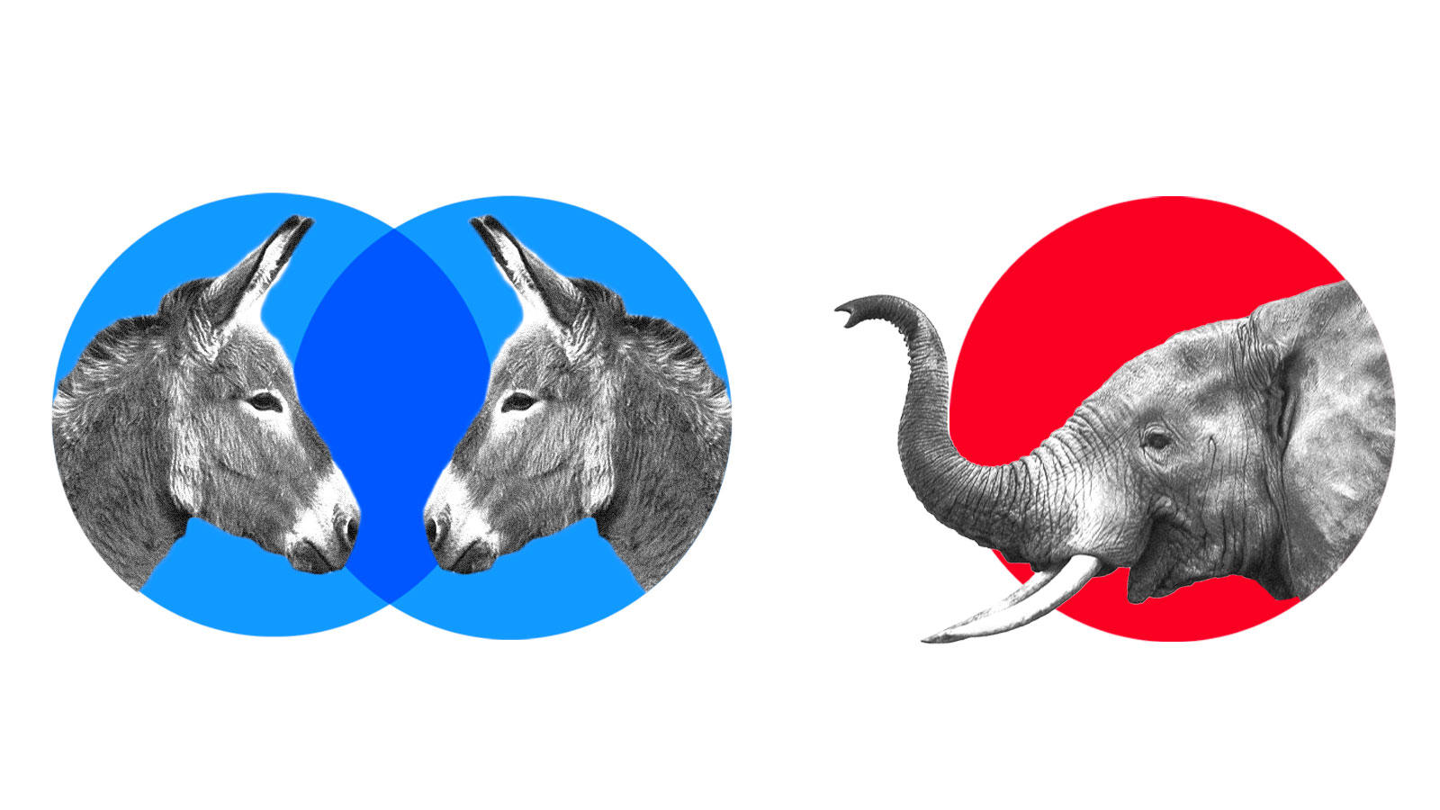 Collage: Two donkeys in two blue intersecting circles and an elephant in one red circle
