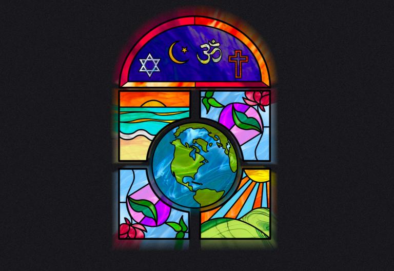 Illustration: a stained glass window with planet earth and various religious symbols