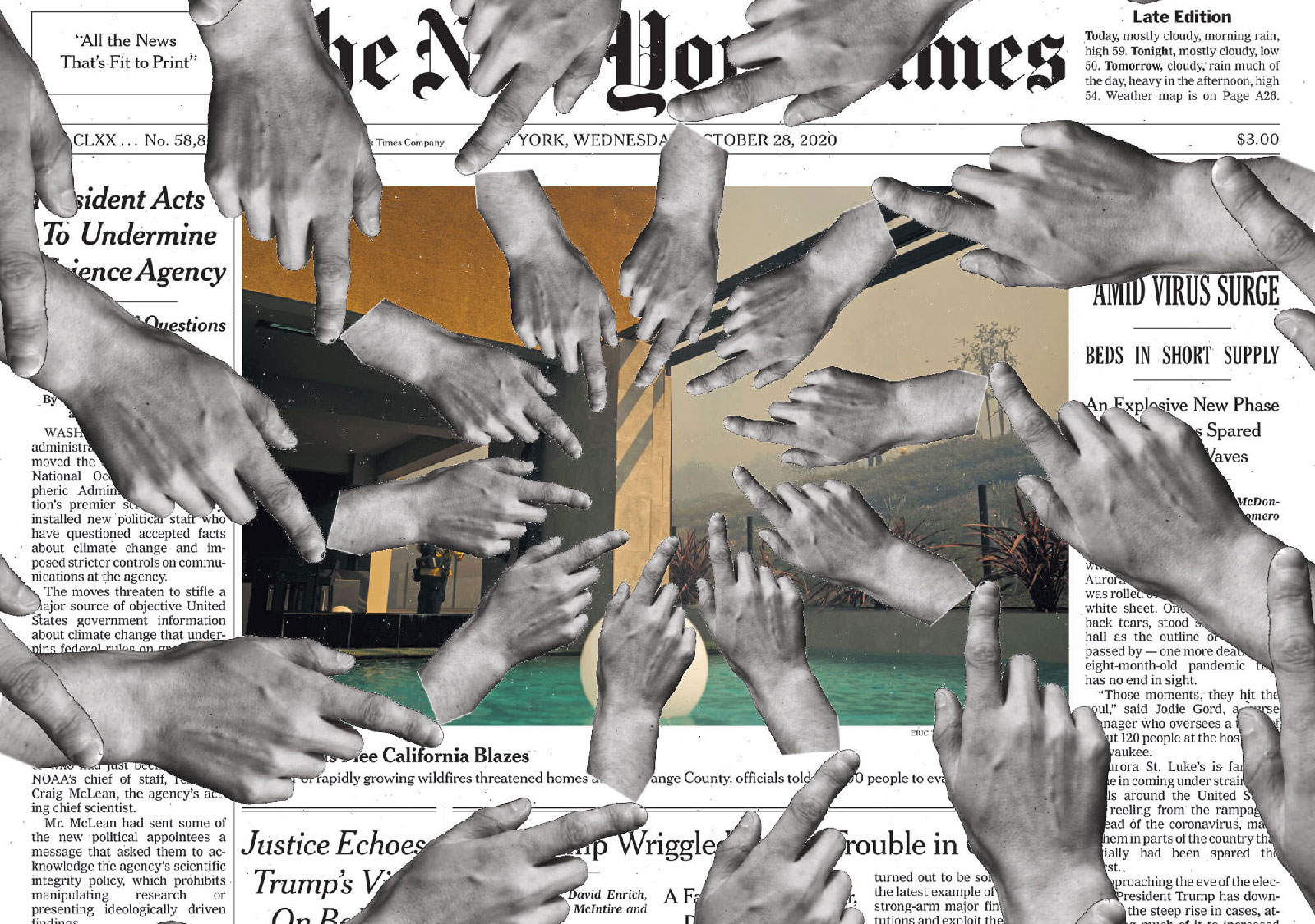 Collage: Front page of the New York Times with multiple hands on top of it