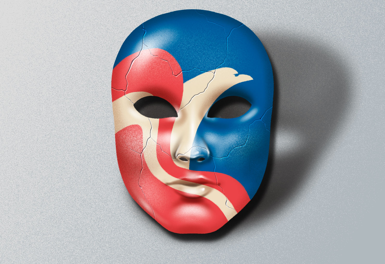 Illustration: A cracked Venetian mask with the Chamber of Commerce design on it