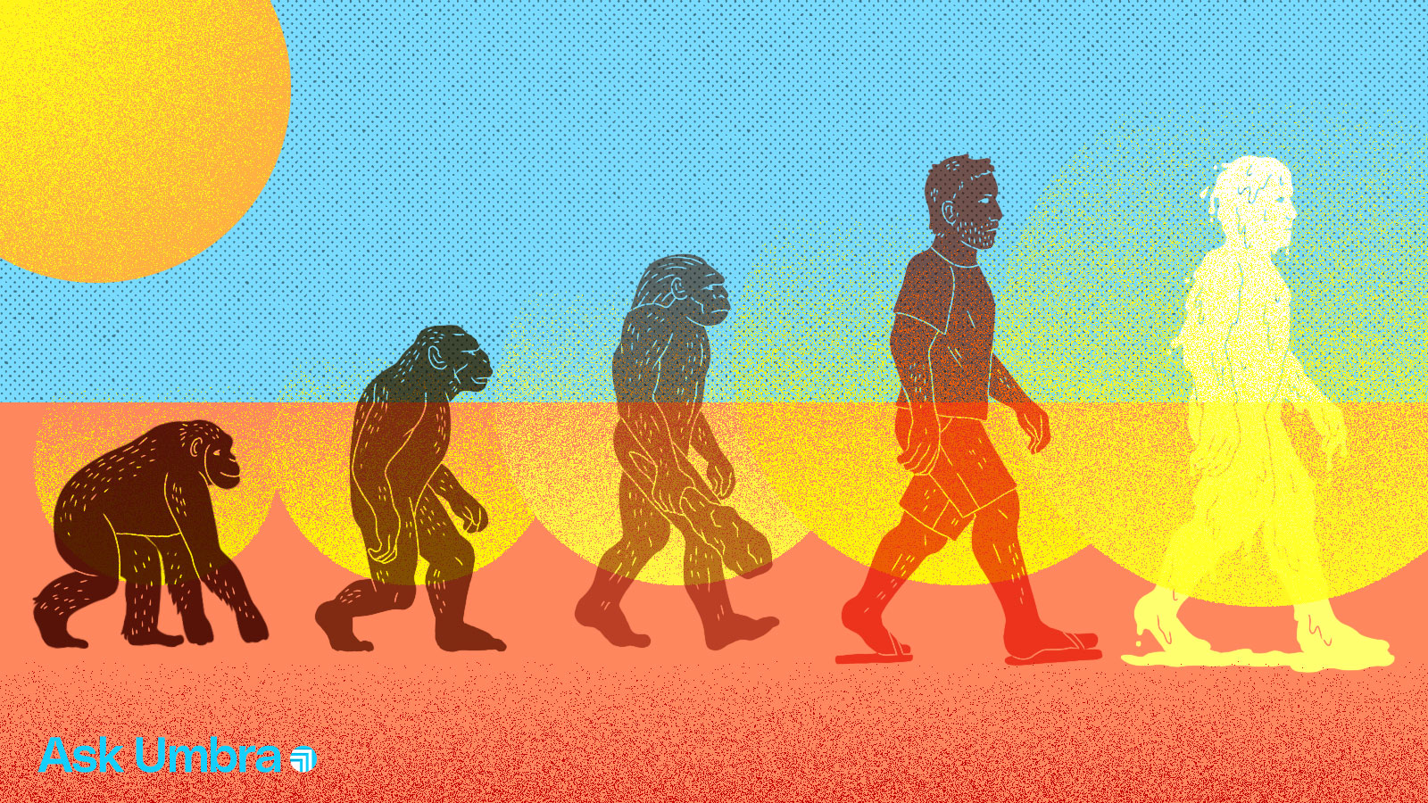 Illustration: a take on the Evolution of Man with an added melting human silhouette