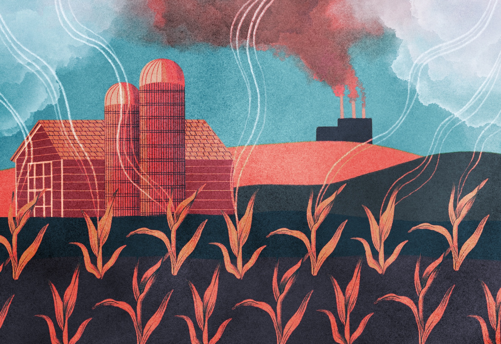 Illustration: farmland with a barn and silos, corn, and a coal factory in the distance