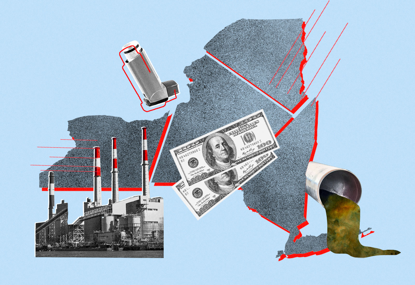 Collage: New York state split into sections, an asthma inhaler, smokestacks, money, and a sewage pipe