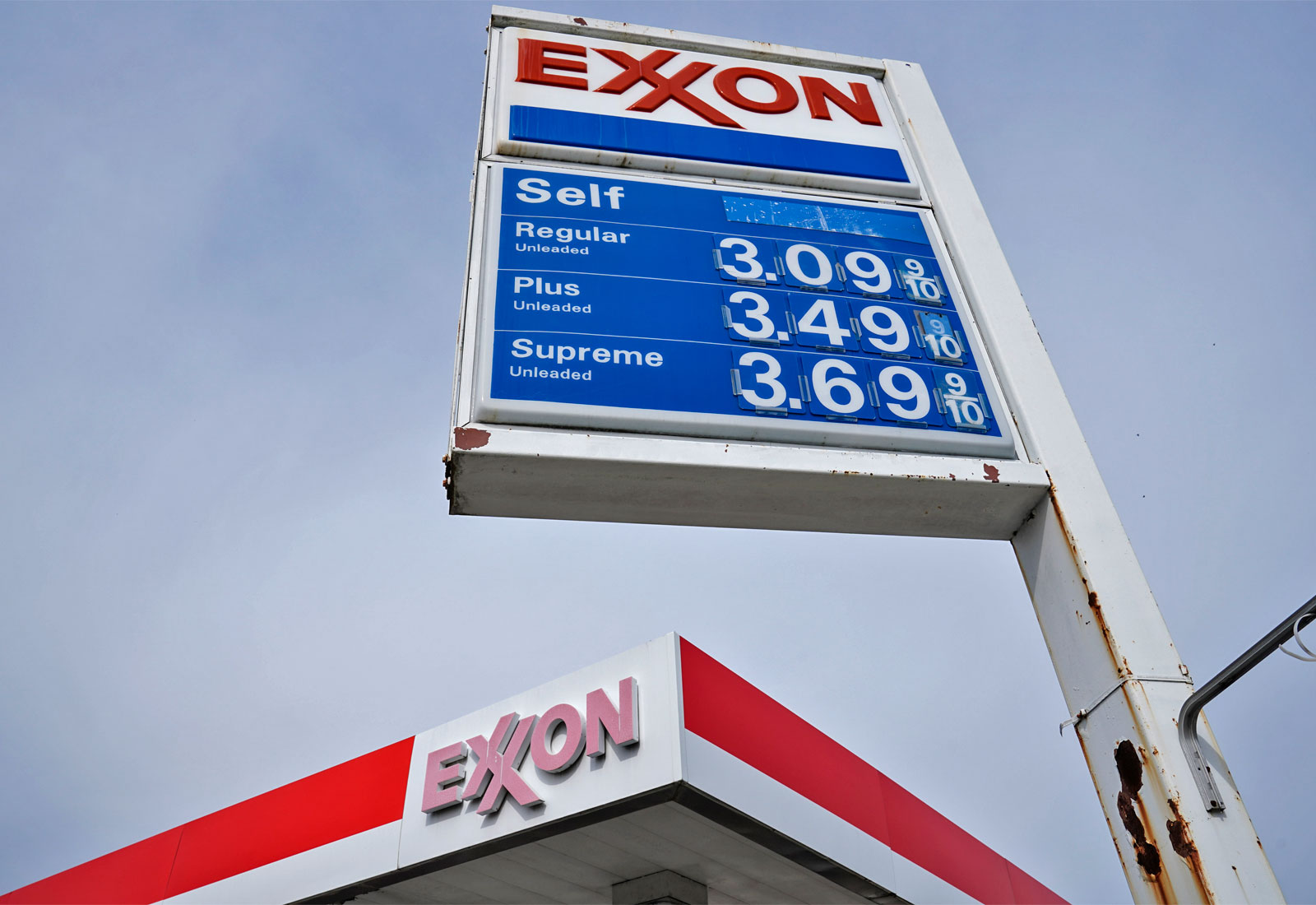 Low angle view of an Exxon gas station sign