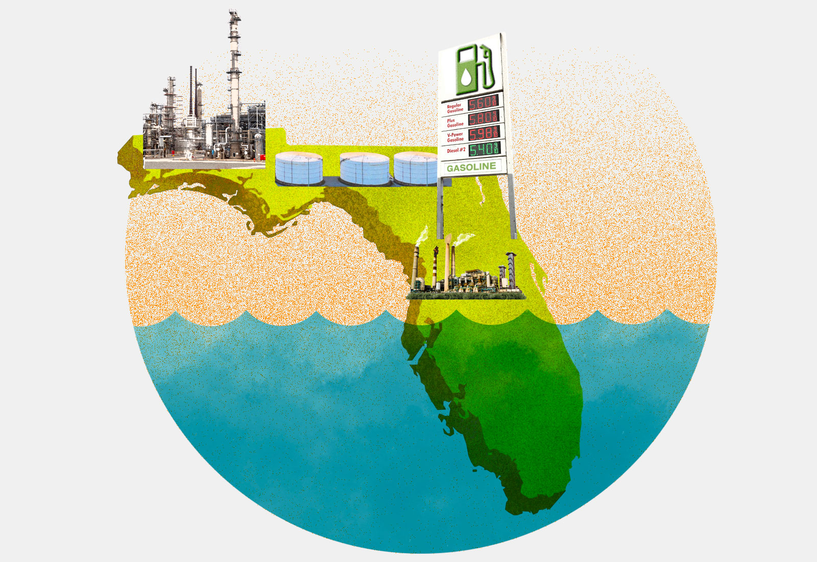 Collage: Florida, half underwater, with a gas station sign, fuel tanks, and refineries