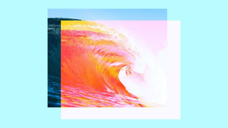 Collage: An ocean wave in shades of pink and orange and yellow