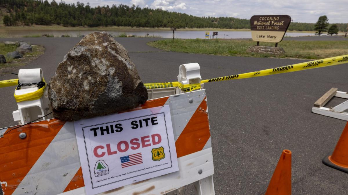 a big rock holds an orange and white sign that says "this site closed" in place in a parking lot. The lot is also sectioned off by yellow caution tape and orange traffic cones. Beyond the lot, a blue lake rimmed by green trees can be seen with the sign "Coconino National Forest boat landing"