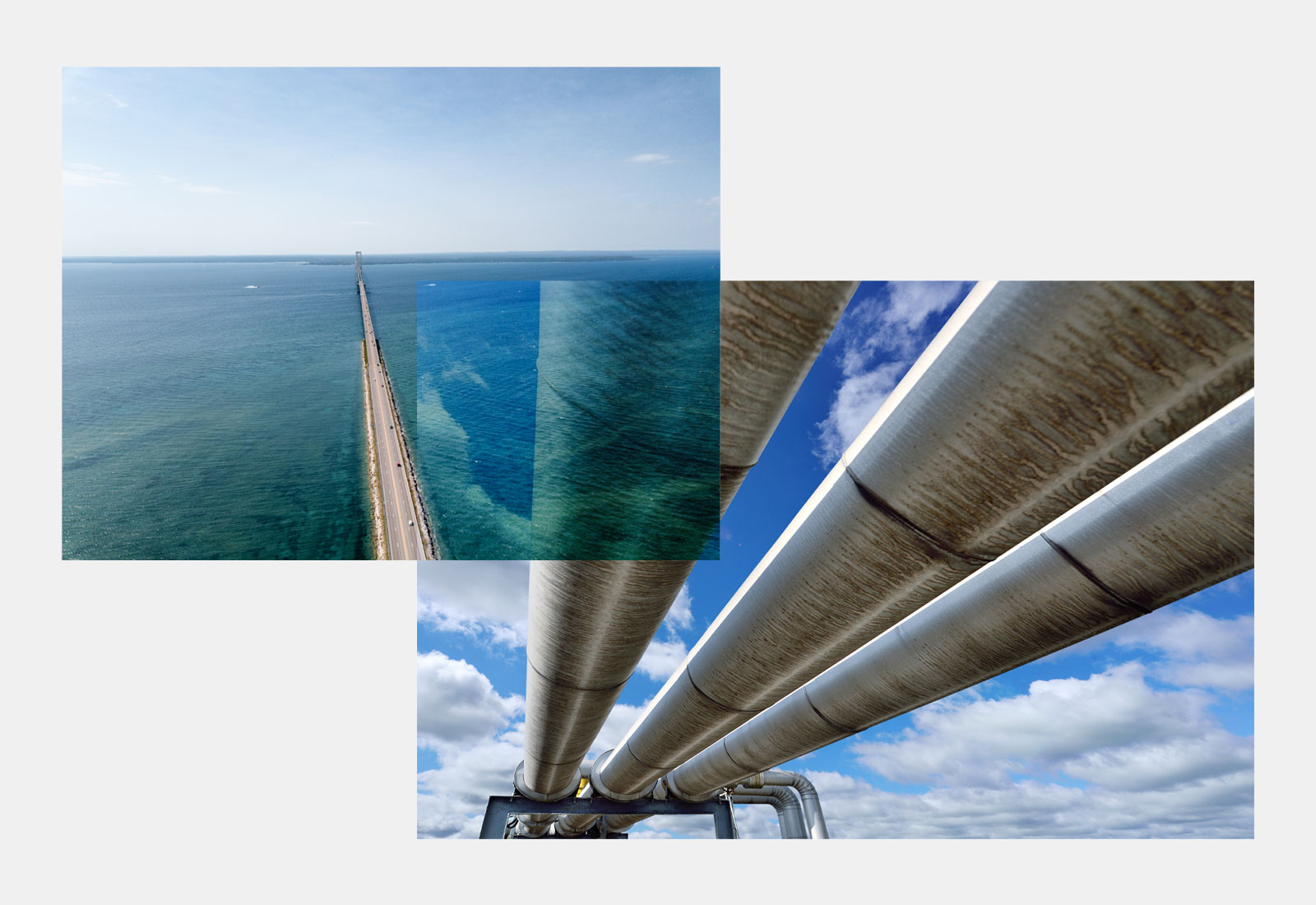 Collage: aerial photo of Mackinac Bridge and Lake Huron overlaid on a photo of an oil pipeline