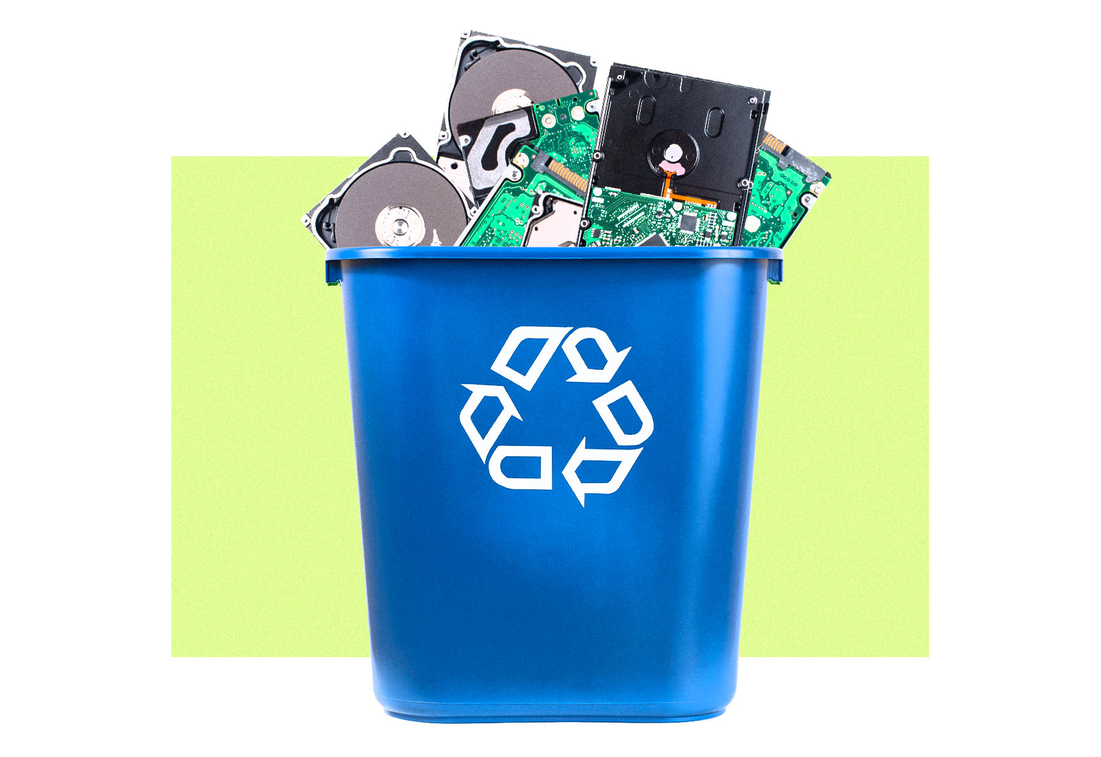 Collage: a recycling bin overflowing with hard drives