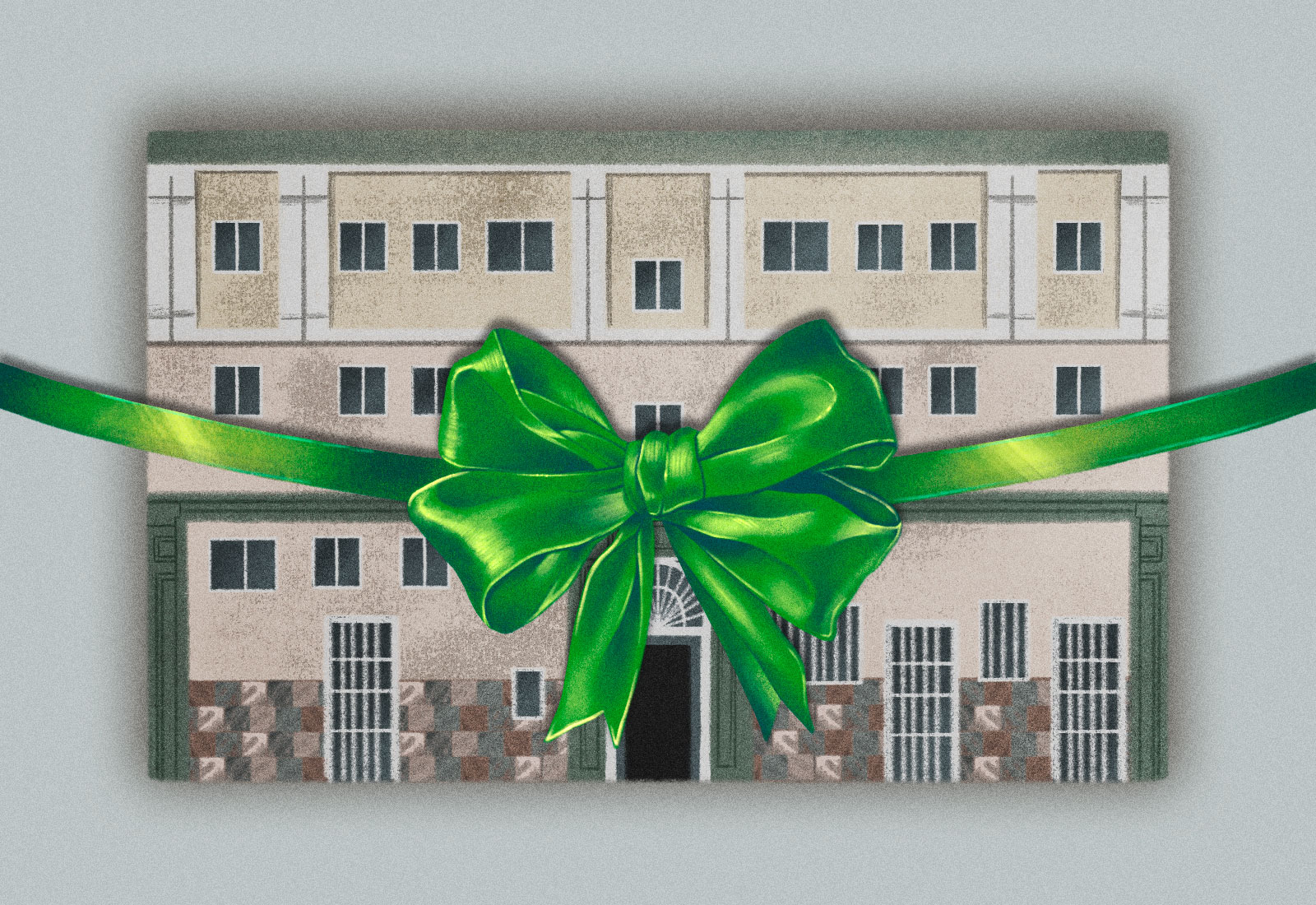 Illustration: an apartment building with a green bow in front of it