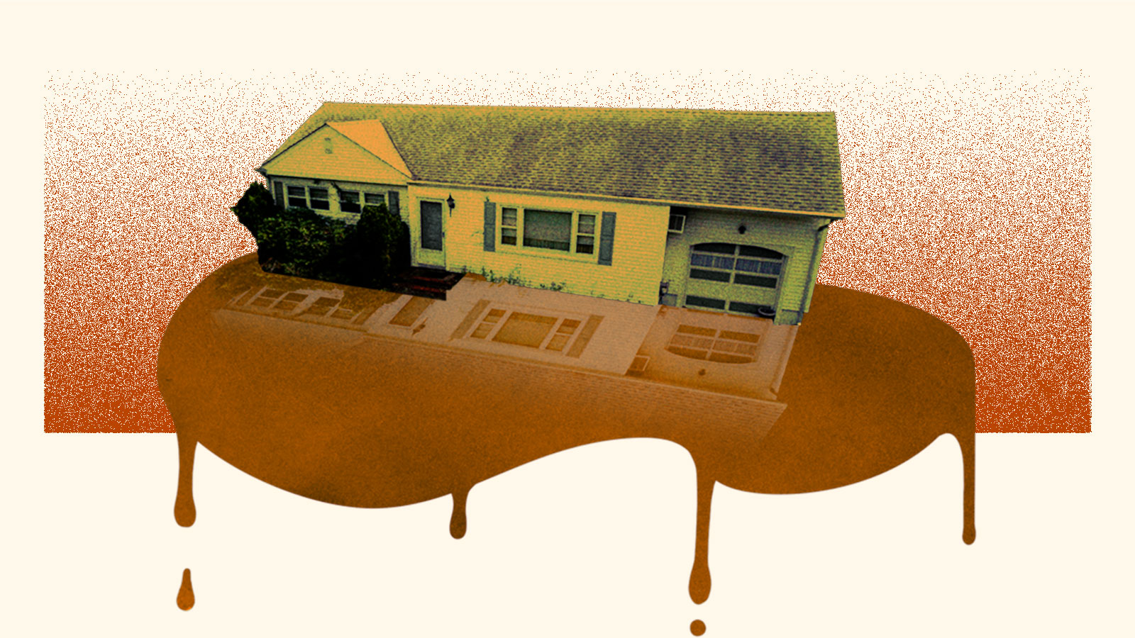 Collage: a ranch style house sitting on top of a leaking brown puddle