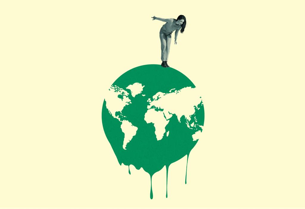 Collage: woman standing on top of a drawing of a melting earth