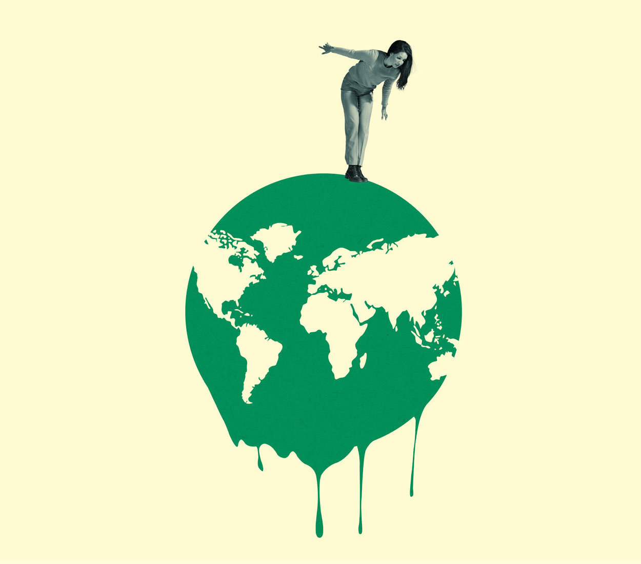 Collage: woman standing on top of a drawing of a melting earth