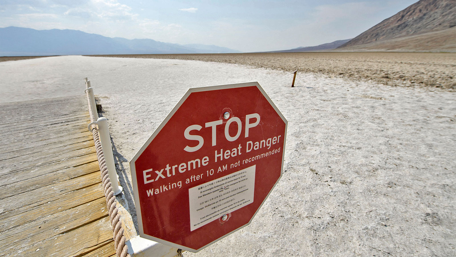 A stop sign warning of extreme heat danger at Death Valley National Park