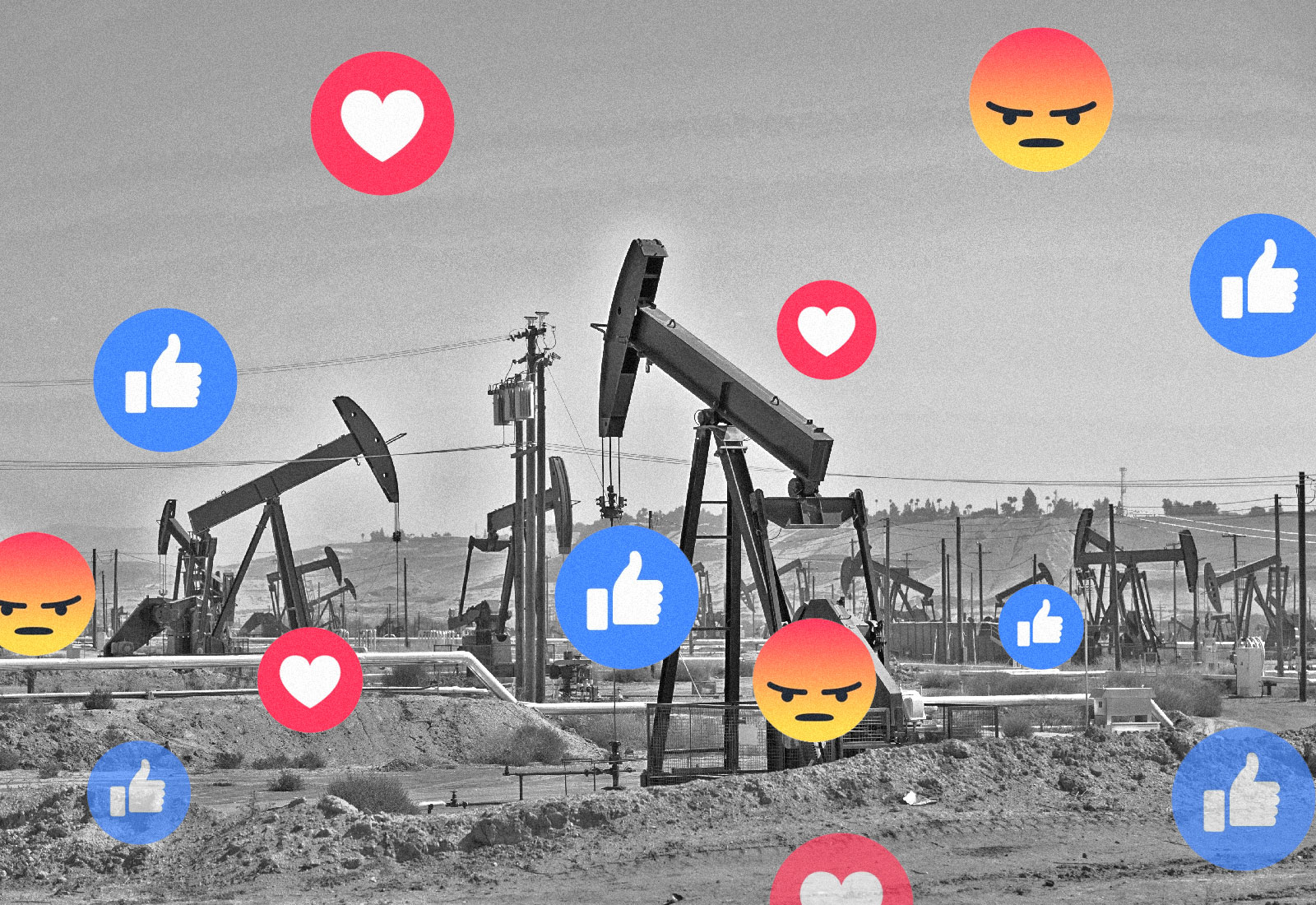 Collage: a photo of oil pumpjacks with Facebook emoji reactions on top