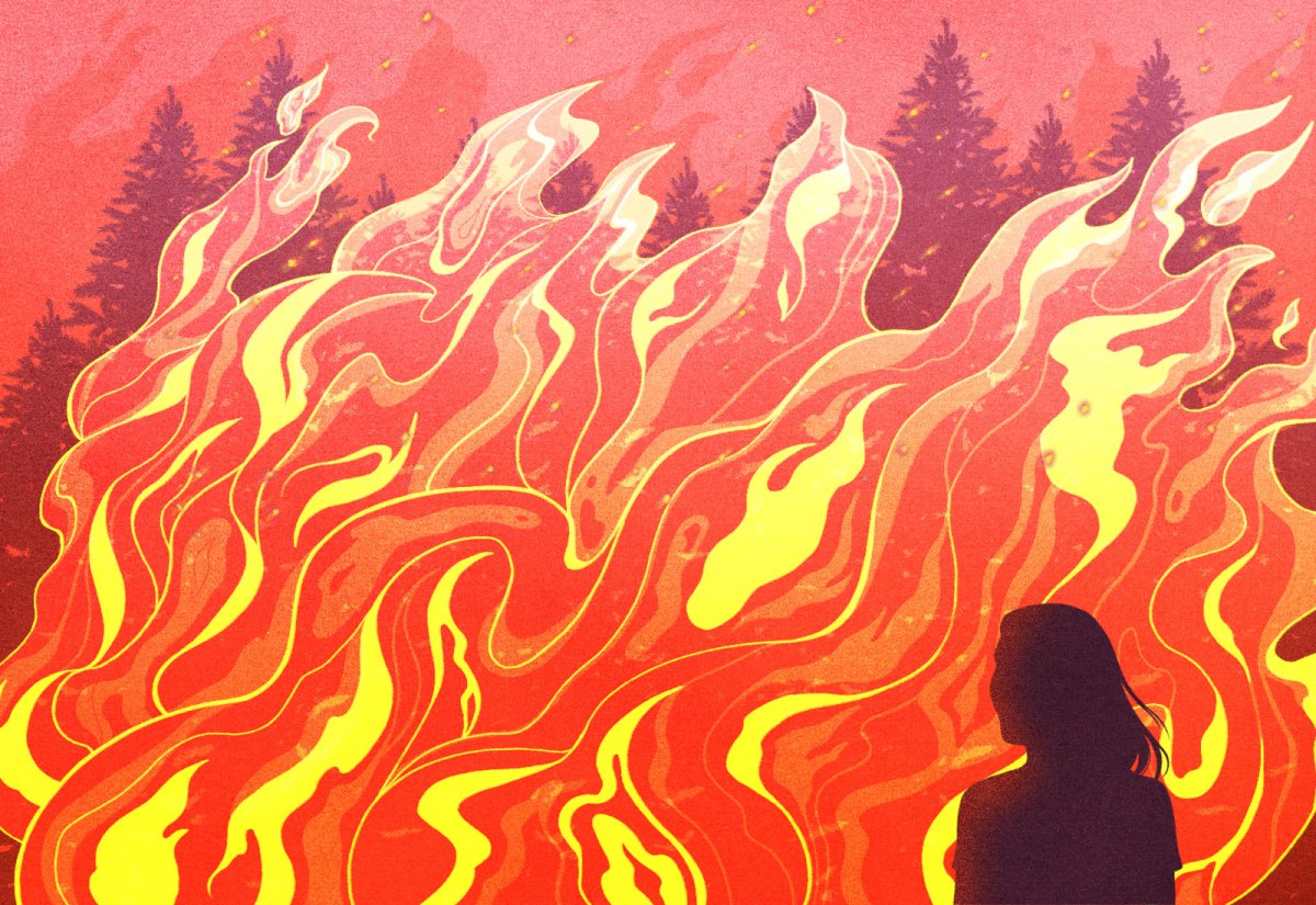 Illustration: silhouette of a woman looking at a large wildfire
