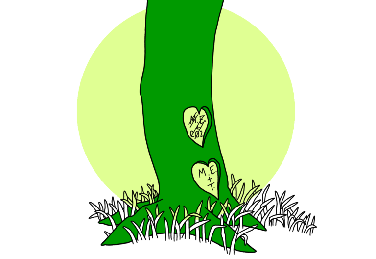 Illustration: The Giving Tree with initials carved in it