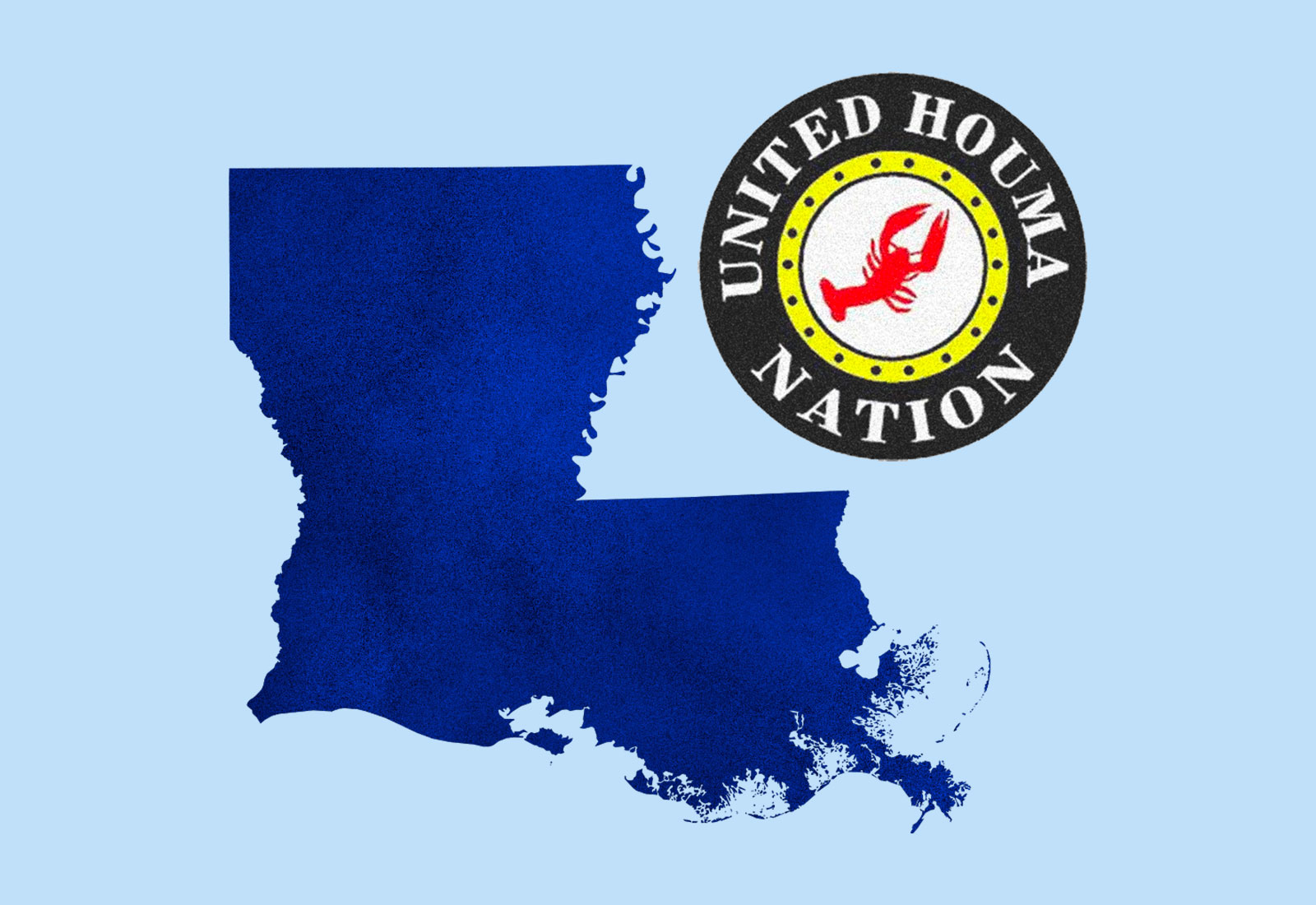 Collage: Silhouette of Louisiana state and the logo of the United Houma Nation