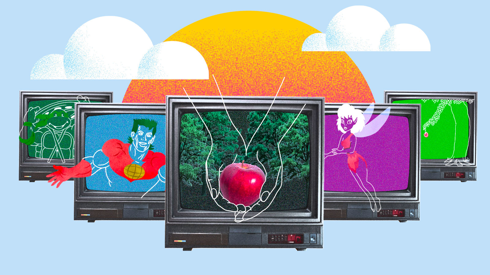 Collage: old TVs with images of nostalgic cartoons, books, and movies