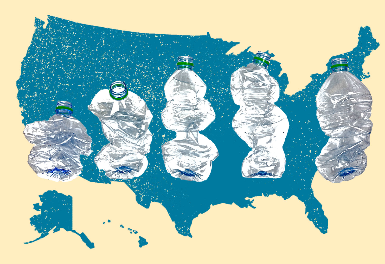 Collage: Silhouette of the United States with crushed plastic bottles