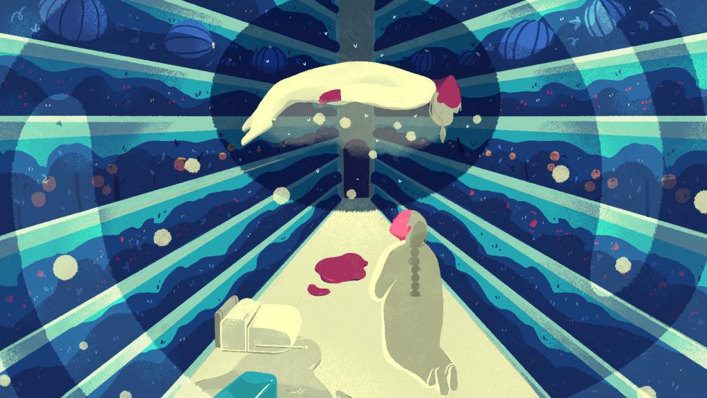 Conceptual illustration of a figure on her knees in a vertical farm. Another figure floats above her head.