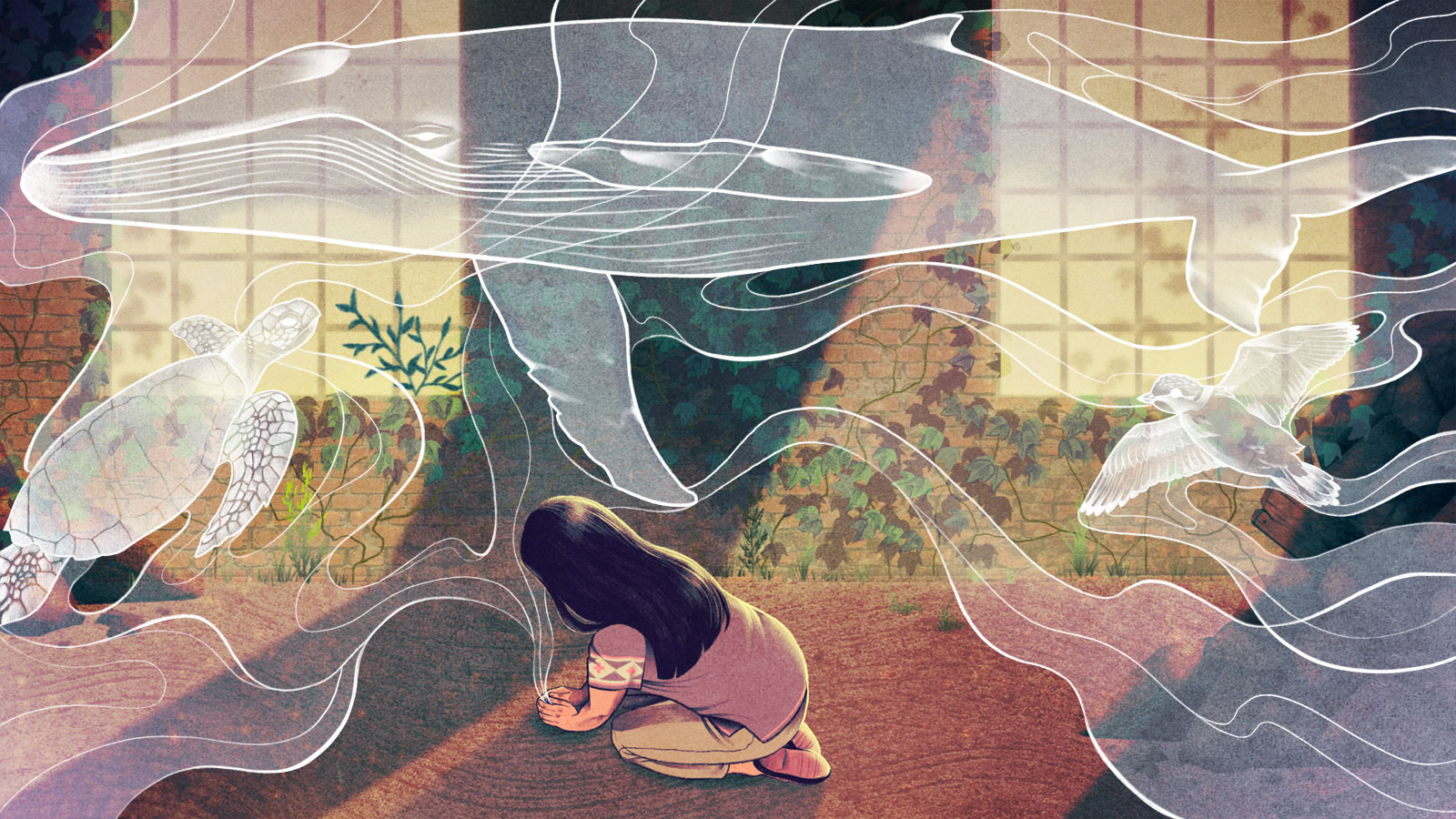 Illustration: A young girl kneels on the ground cupping her hands. From her palms emerges hazy white images of a sea turtle, a whale, and a sea bird