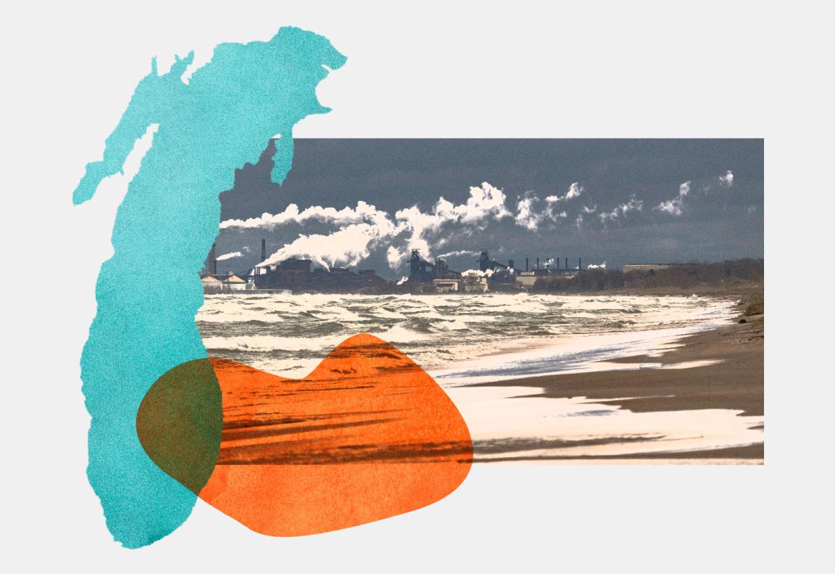 Shape of Lake Michigan and photo of steel plant with orange blob on top