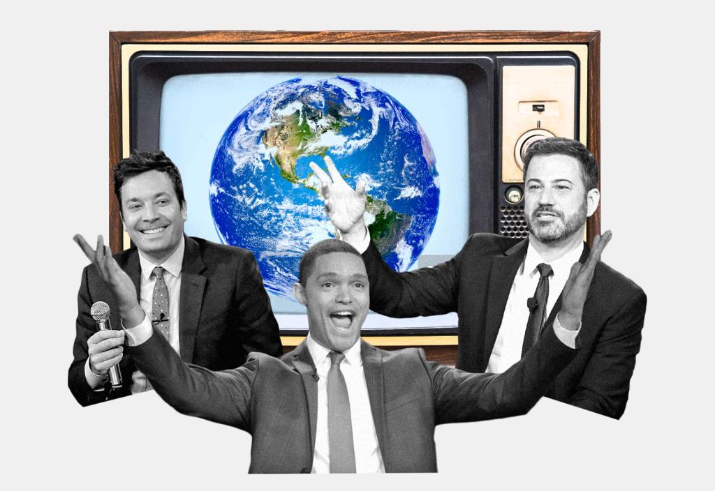 A TV with Earth on it, Jimmy Fallon, Trevor Noah, and Jimmy Kimmel in foreground