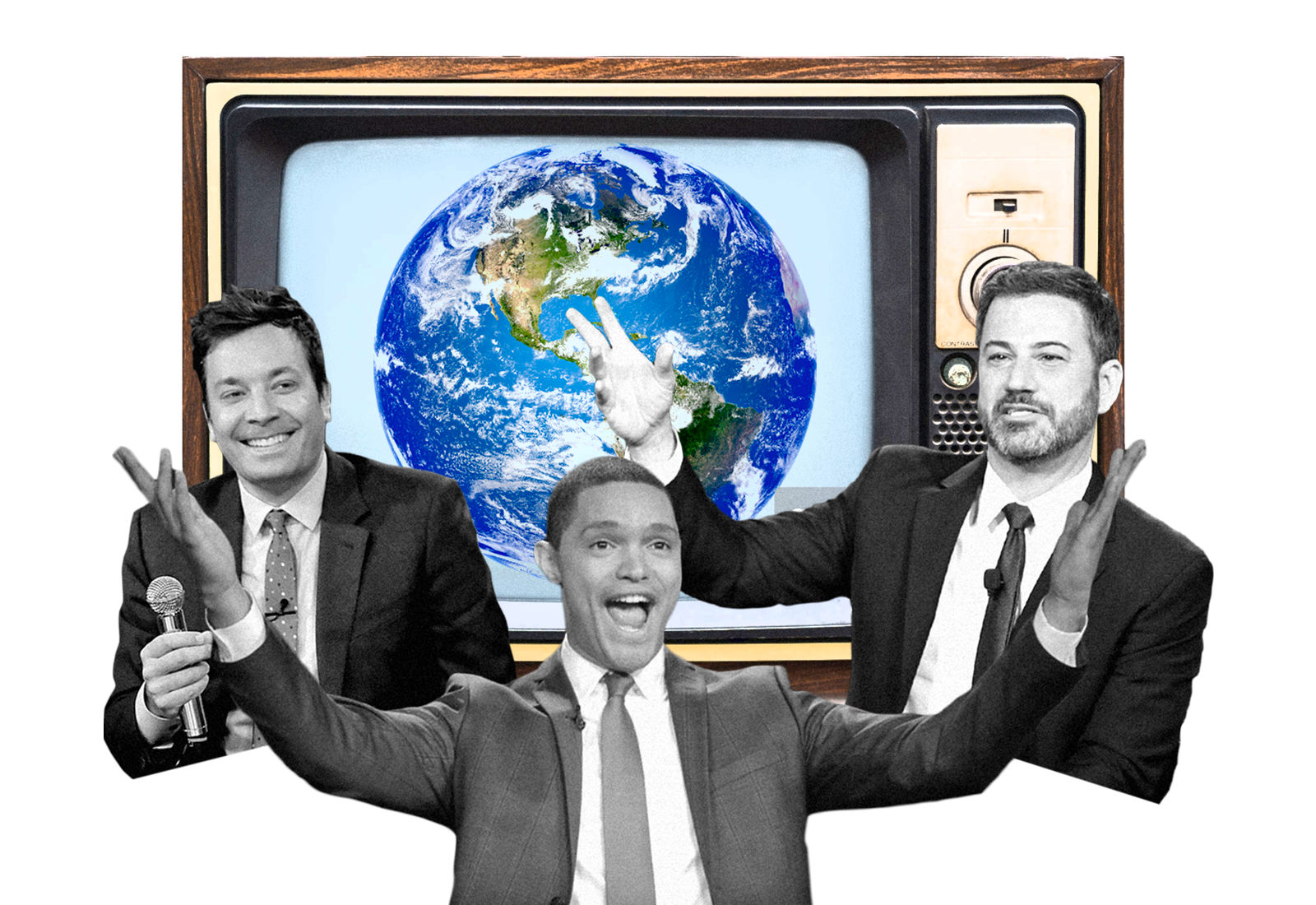 A TV with Earth on it, Jimmy Fallon, Trevor Noah, and Jimmy Kimmel in foreground