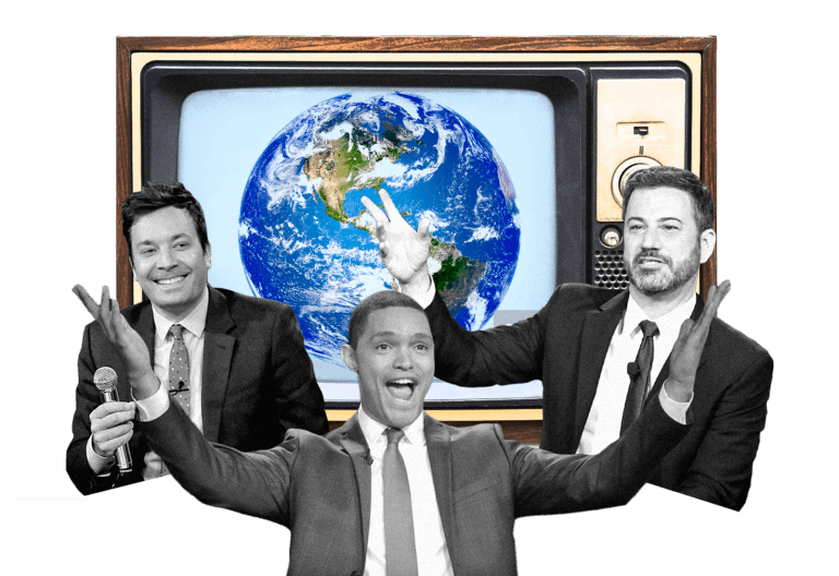 A TV with Earth on it, Jimmy Fallon, Trevor Noah, and Jimmy Kimmel in foreground