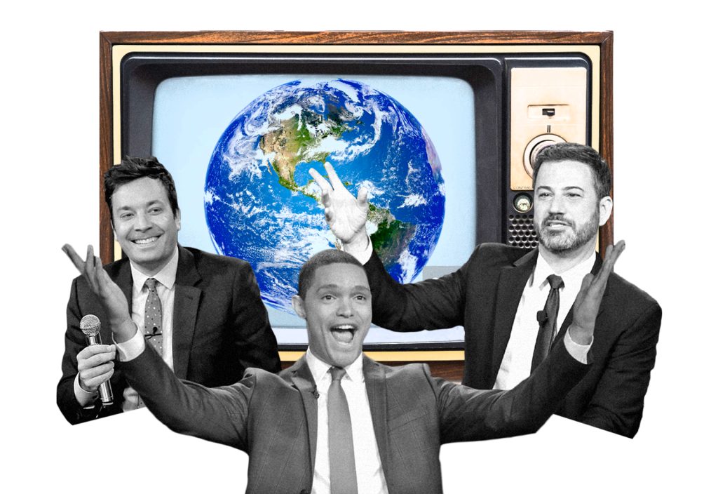 A TV with Earth on it, Jimmy Fallon, Trevor Noah, and Jimmy Kimmel in foreground