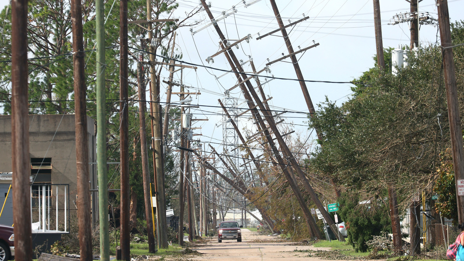 Downed power lines on a road in Houma, Louisiana.