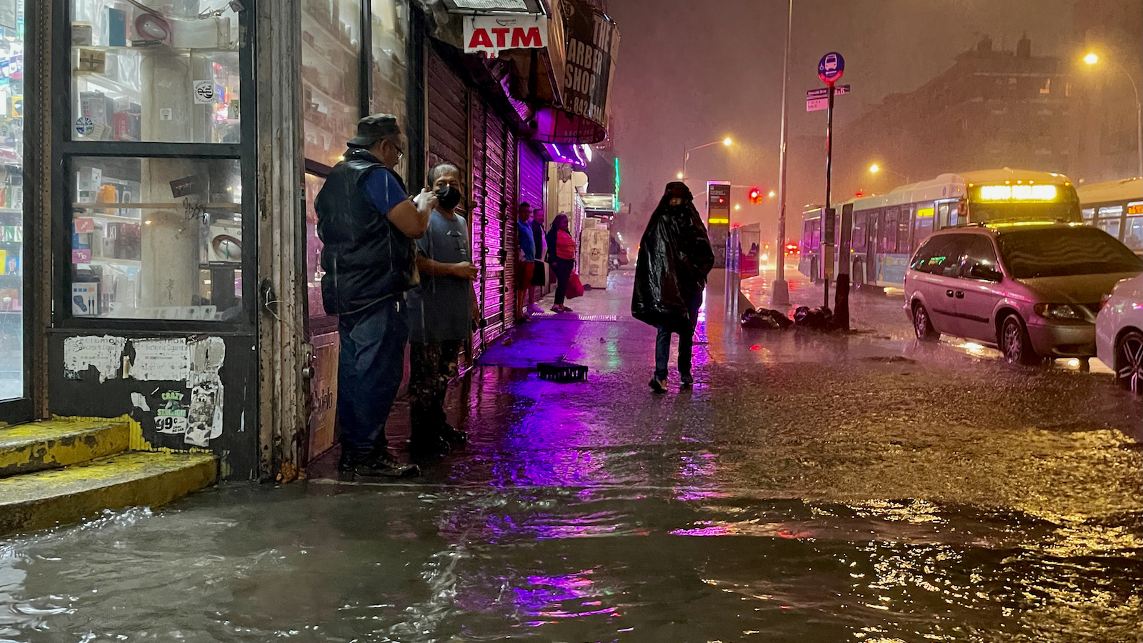 A person walks through the remnants of Hurricane Ida in the Bronx.